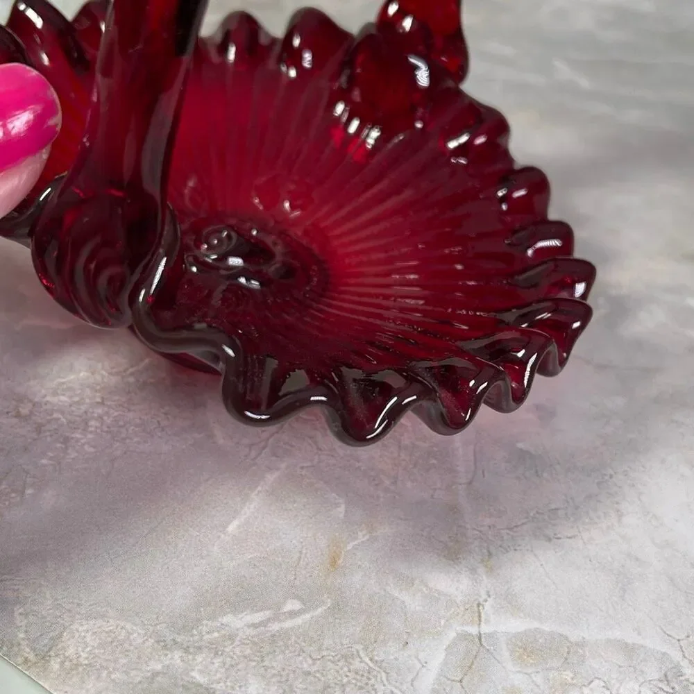 Vintage Fenton Ruby Red thumbprint basket with rose bottom signed